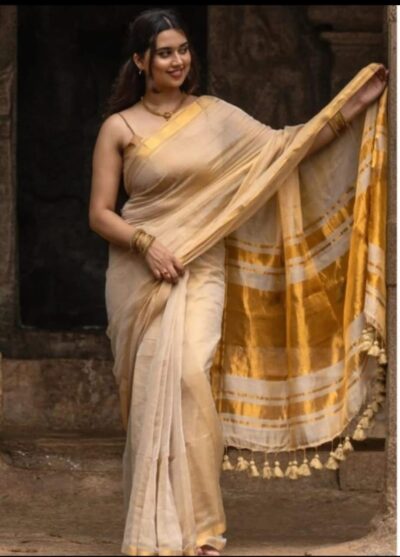 𝚂𝚑𝚛𝚒𝚗𝚐𝚊𝚛- Linen Tissue pallu Saree with running blouse