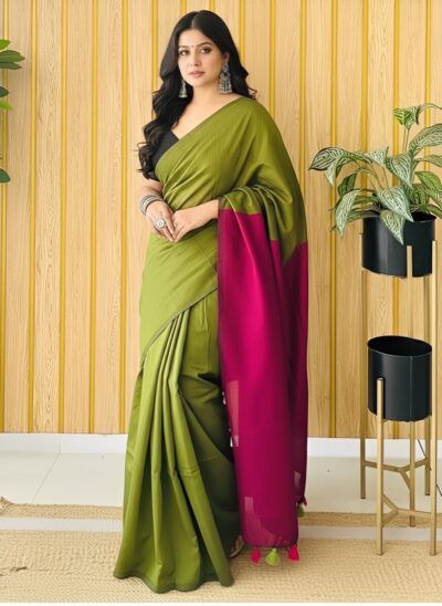 𝚂𝚊𝚊𝚗𝚓𝚑- Half & Half khadi cotton Saree